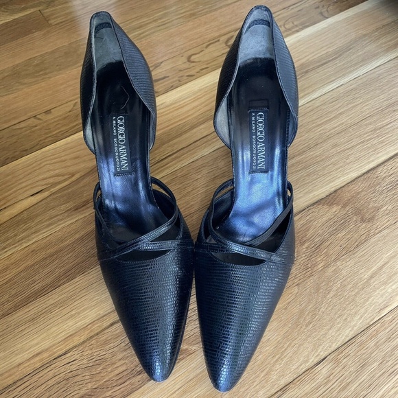 Giorgio Armani Vero Cuoio Black Leather Reptile Pumps Heel Shoes Italy - Picture 1 of 11